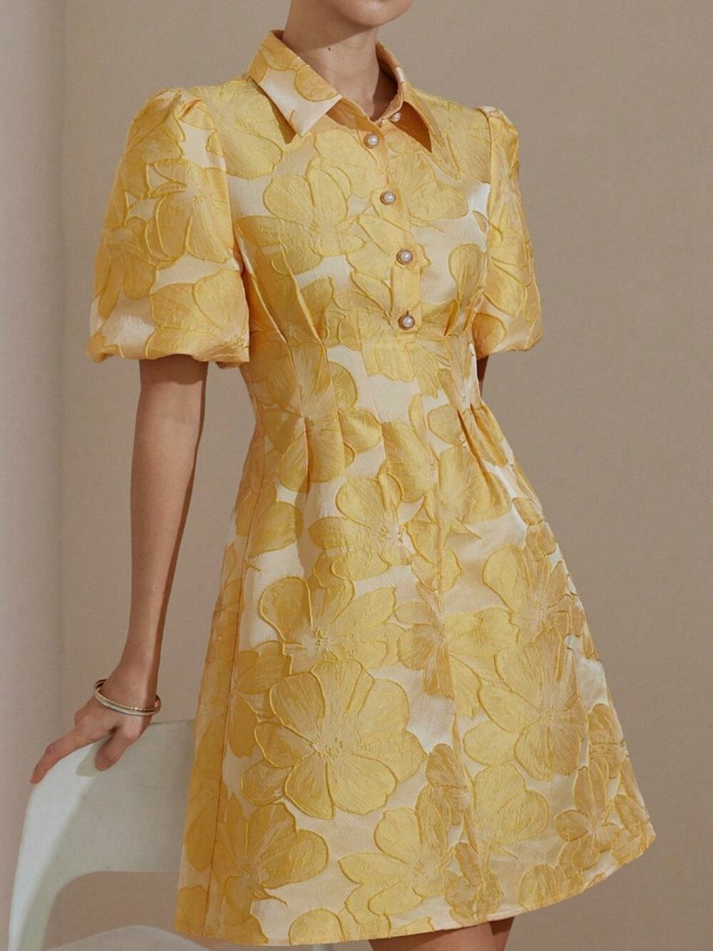 Yellow Elegant Women's Puff Sleeve Jacquard Cutout Waist Pleated Mini Dress - Picture 5 of 7